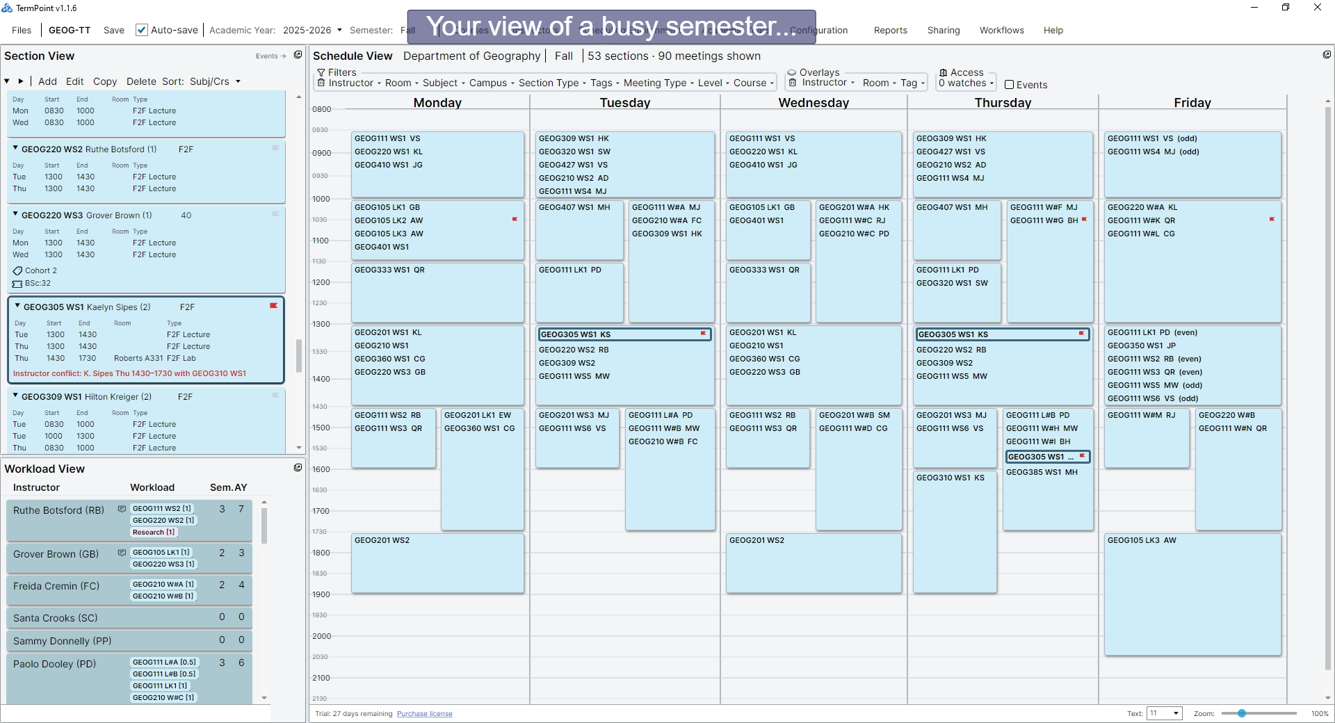 TermPoint showing a full department schedule with the section list, weekly grid and workload view for a busy semester