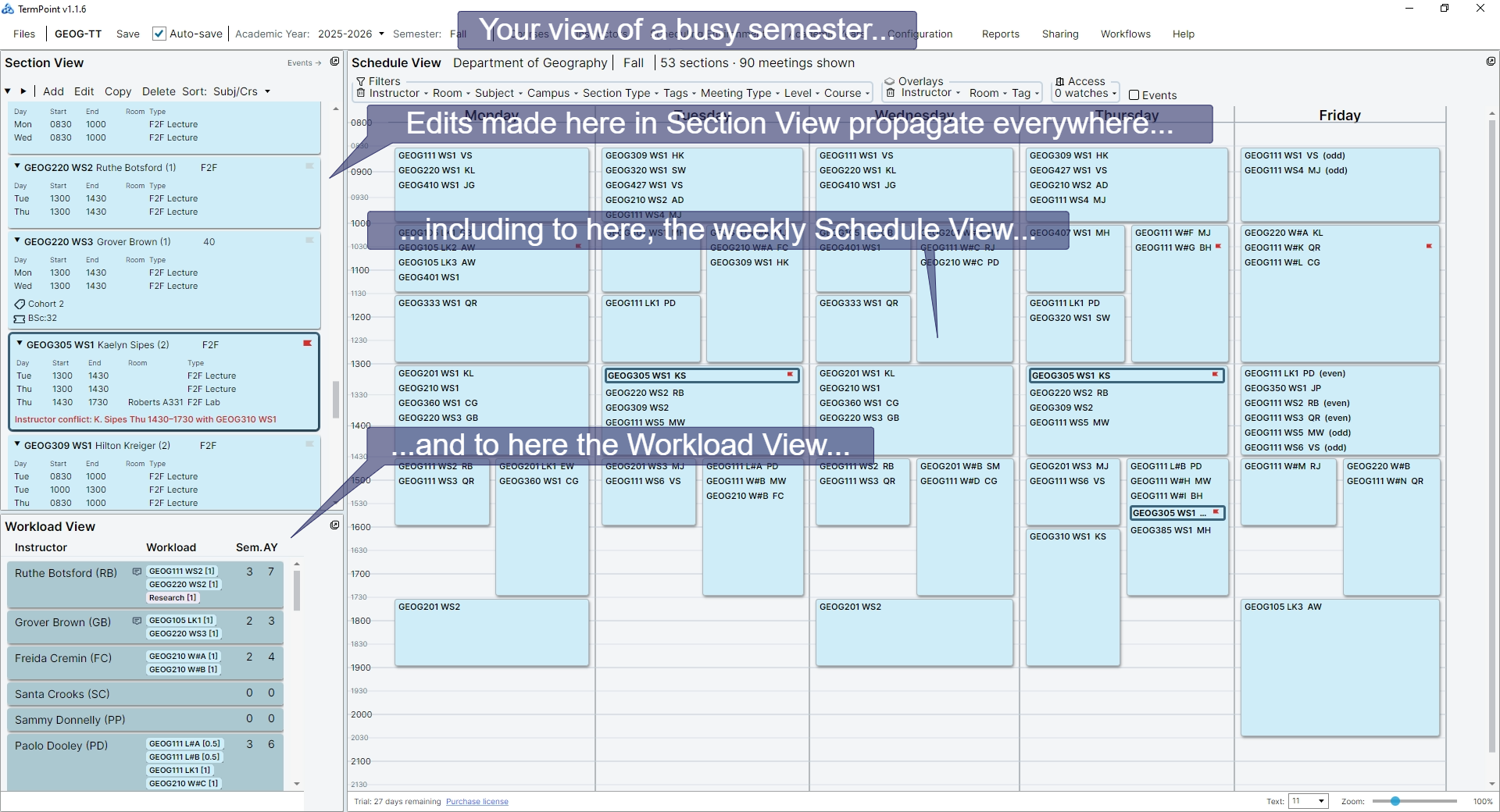 Annotated view: sections are the single source of truth, and edits there update the always up-to-date semester workload