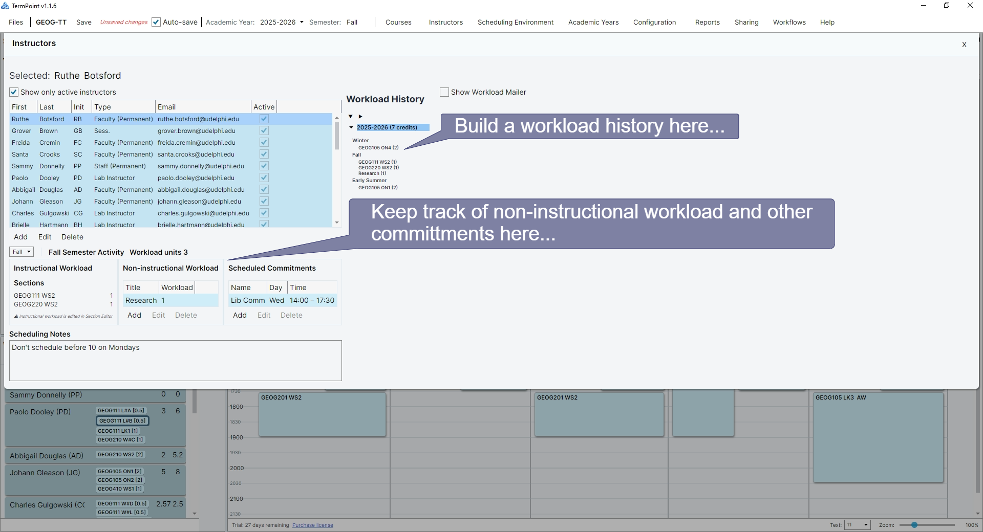 The instructor editor building a workload history and tracking non-instructional workload and other commitments