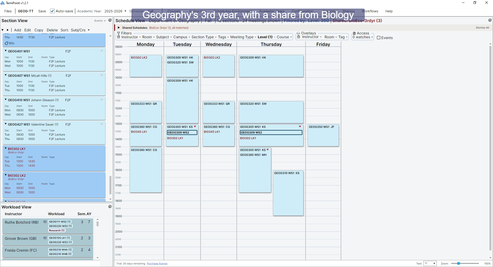Geography's third-year schedule with a shared schedule from Biology overlaid