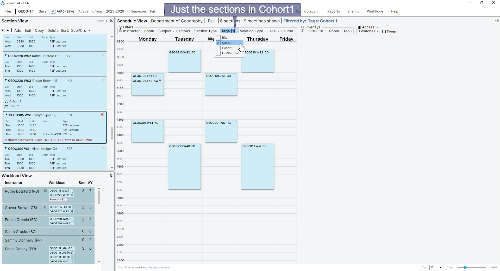 Filtering by the Cohort 1 tag to show just the sections in that cohort