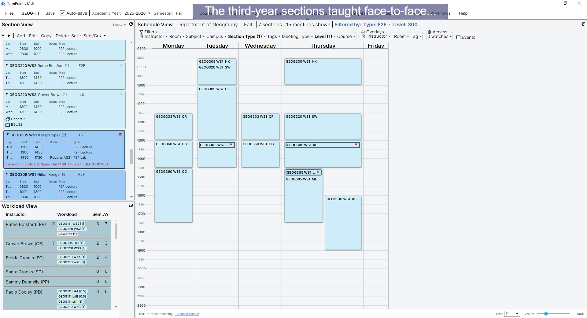 Filtering by section type face-to-face and level 300 to show the third-year sections taught face-to-face